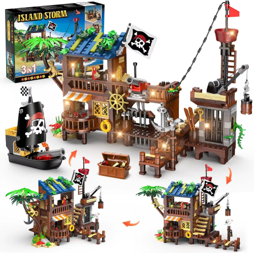Klocki Zestaw Piracka Wyspa 3w1 Port Piratów 781 Elementów ze Światłem LED